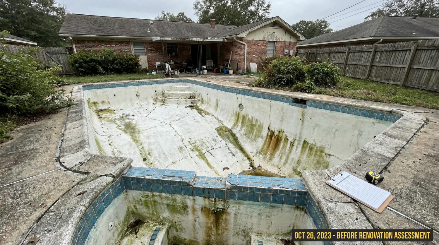 Older swimming pool with cracked plaster before renovation