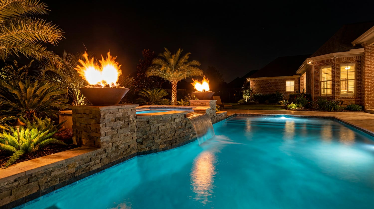 Pool and spa combo at night — Highland Road, Baton Rouge