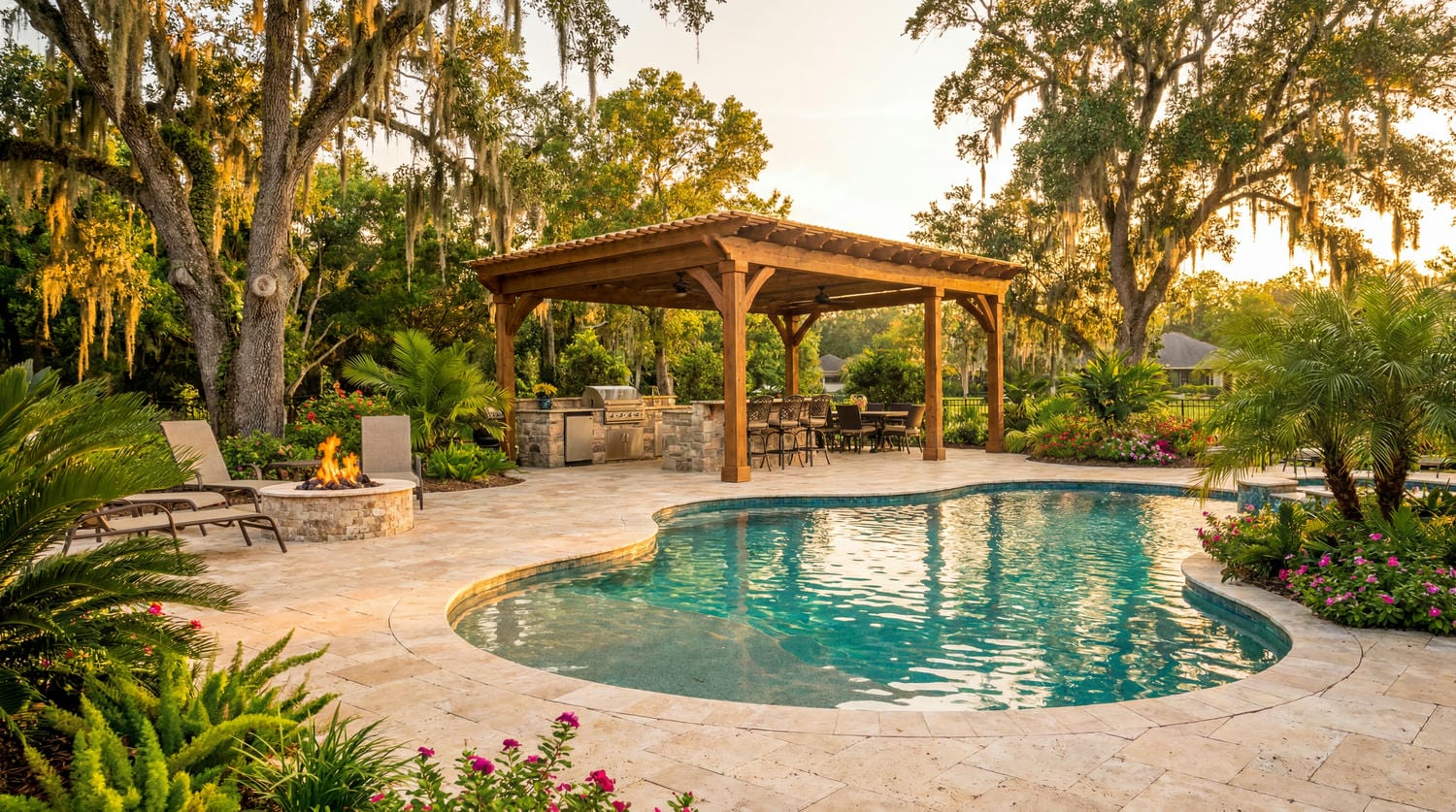 Serene curved freeform pool with stone surround — Gonzales