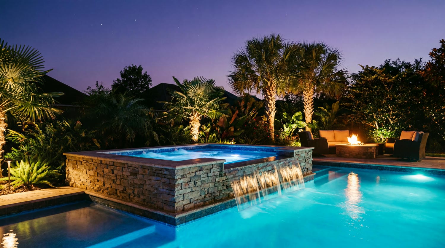 Bright blue backyard pool oasis — Zachary