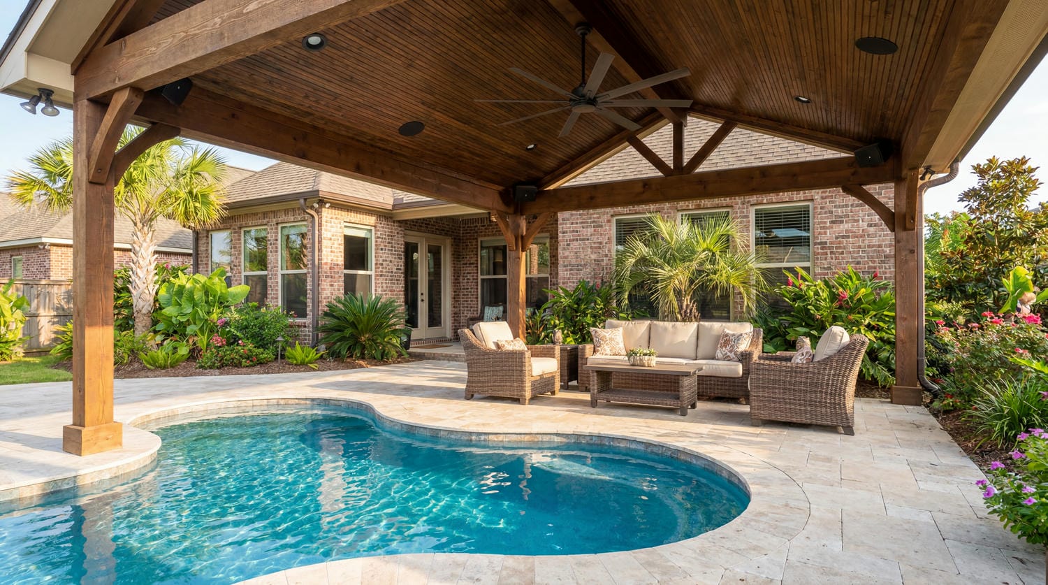 Covered patio overlooking a turquoise pool — Country Club of Louisiana