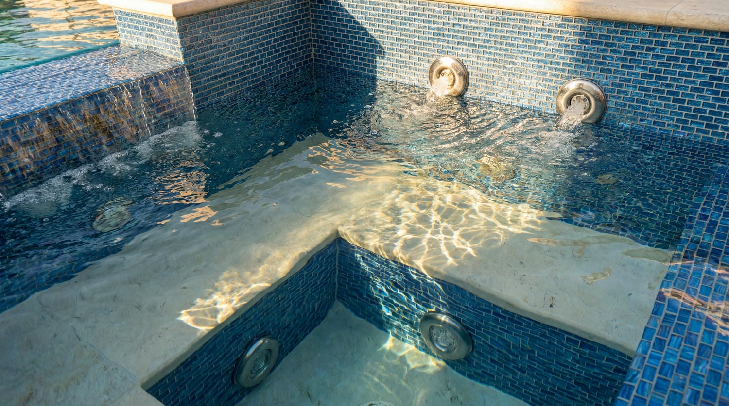 Close-up of a custom spa with blue tile and warm water